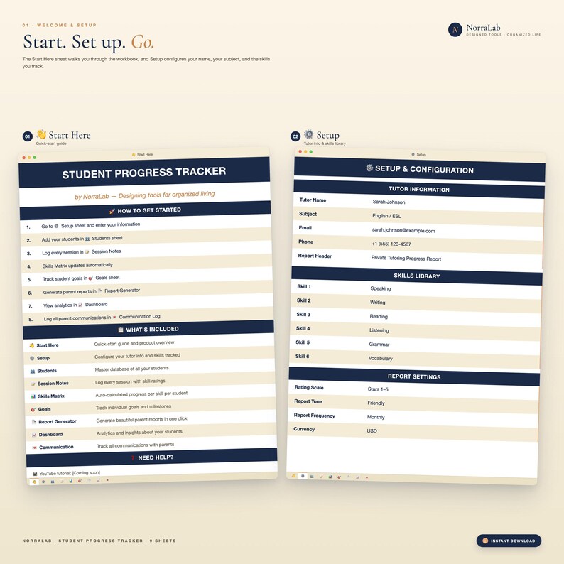 May include: A digital student progress tracker with a white background and navy blue accents. The tracker includes sections for setup, tutor information, and skills library. The text reads "Student Progress Tracker" and "Instant Download."