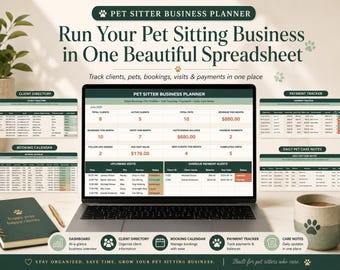 Pet Sitter Business Planner Spreadsheet, Client Booking Payment Tracker, Pet Sitting Care Log Excel Template