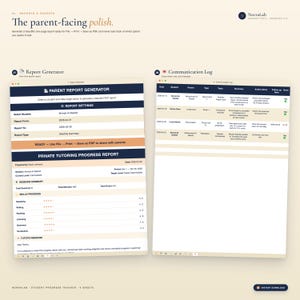 May include: A digital document titled "The parent-facing polish" with a report generator and communication log. The report includes student progress, report settings, and a tutor's message. The communication log shows dates, students, and summaries.