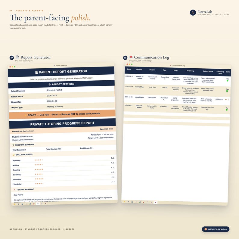 May include: A digital document titled "The parent-facing polish" with a report generator and communication log. The report includes student progress, report settings, and a tutor's message. The communication log shows dates, students, and summaries.