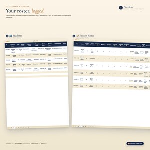 May include: A digital document titled "Your roster, logged." The document displays two tables: "Students" and "Session Notes." The "Students" table lists student information. The "Session Notes" table logs session details. The Norralab logo is in the upper right corner.