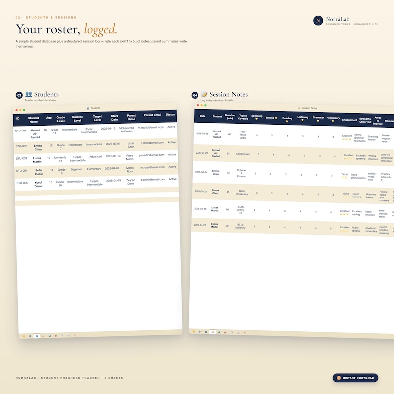 May include: A digital document titled "Your roster, logged." The document displays two tables: "Students" and "Session Notes." The "Students" table lists student information. The "Session Notes" table logs session details. The Norralab logo is in the upper right corner.