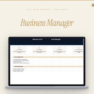 May include: A laptop screen displays a "Business Manager" spreadsheet template. The screen shows sections for settings, adding students, logging lessons, and viewing the dashboard. The background is a light beige with the words "Instant Download" in the top right corner.