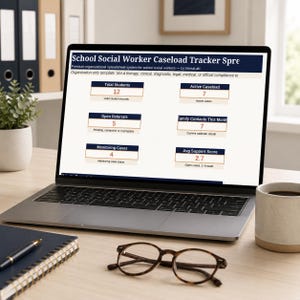 May include: A laptop screen displaying a School Social Worker Caseload Tracker spreadsheet. The interface features data boxes for Total Students, Active Caseload, Open Referrals, Family Contacts, Monitoring Cases, and an Avg Support Score.