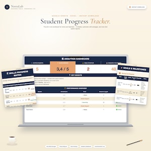 May include: A digital student progress tracker displayed on a laptop screen. The interface shows analytics dashboards, skills progress matrix, goals, and milestones. The text on the screen reads "Student Progress Tracker" and "Instant Download."