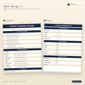 May include: A digital student progress tracker in navy blue and white. The document features sections for setup, tutor information, and a skills library. The text "Start. Set up. Go." is at the top, with "Student Progress Tracker" prominently displayed.