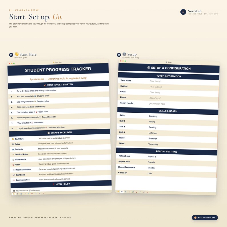 May include: A digital student progress tracker in navy blue and white. The document features sections for setup, tutor information, and a skills library. The text "Start. Set up. Go." is at the top, with "Student Progress Tracker" prominently displayed.