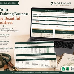 Op de afbeelding: Een laptop met een spreadsheet voor het bijhouden van hondentrainingsklanten, vergezeld van geprinte vellen, een groen beloningszakje, een mok met pootafdruk, een houten sleutelhanger met GOOD DOG en een notitieboek met de tekst TRAIN CONNECT TRANSFORM.