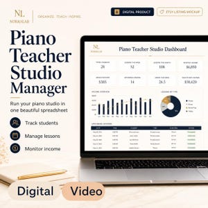 Könnte beinhalten: Eine digitale Piano Teacher Studio Manager Tabellenkalkulation auf einem Laptop-Bildschirm. Das Dashboard zeigt Kennzahlen zu Schülern, Unterrichtsstunden und Einkommen. Der Text umfasst Norralab, Piano Teacher Studio Manager sowie Organize. Teach. Inspire.
