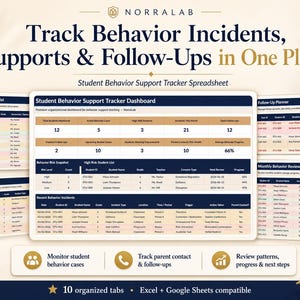 May include: A digital student behavior support tracker spreadsheet dashboard by NorraLab. The interface displays tables for behavior incidents, watchlists, follow-up planners, and monthly reviews with columns for student IDs, names, and progress metrics.