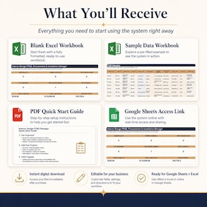 Hoja de cálculo para gestores de negocios de diseño de interiores: Seguimiento de mobiliario, equipamiento, compras, órdenes de compra e instalación para Google Sheets y Excel.
