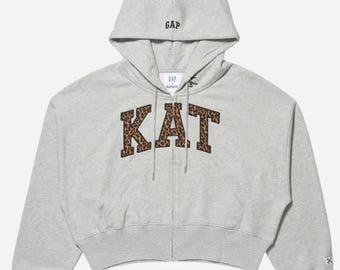 Heather Gray Full Zip Hoodie with Leopard KAT Detail - Women's Cropped Fleece Sweatshirt - Trendy Streetwear Outerwear