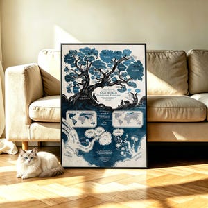 Peut inclure: Une affiche encadrée intitulée Old World Language Families présentant une illustration bleu foncé et blanche d'un arbre avec des branches représentant divers groupes linguistiques, deux cartes du monde et du texte détaillé sur l'histoire linguistique.