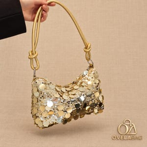 Gold Sequin Shoulder Bag with Rope Handle