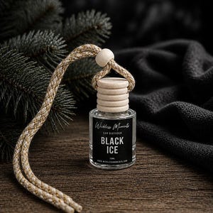 May include: A car air freshener with a clear glass bottle and a wooden cap. The label reads "BLACK ICE" and "Wickless Moments." A braided rope with a wooden bead hangs from the bottle. The background is dark with a wooden surface.