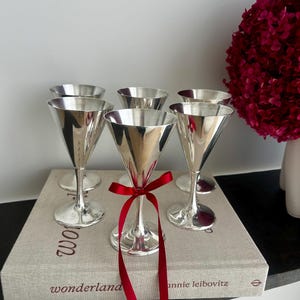 May include: A set of five silver-toned metal goblets with conical bowls and slender stems. One goblet in the foreground is tied with a thin red ribbon. The goblets are arranged on a light-coloured book with the text "wonderland" and "annie leibovitz".