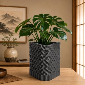 May include: A dark gray, square-shaped planter with a geometric, faceted texture on its exterior surface. The planter holds a vibrant green Monstera plant with large, split leaves. The design features repeating triangular patterns.