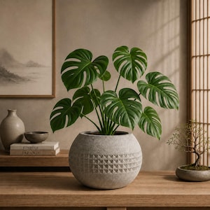May include: A vibrant green Monstera plant with large, split leaves potted in a round, light gray stone planter featuring a textured geometric grid pattern around the center. The plant sits on a wooden surface, showcasing its deep green foliage.