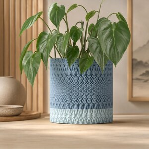 May include: A cylindrical plant pot featuring a textured, geometric lattice pattern. The upper portion is a medium blue, while the lower section is a lighter, pale blue. A green leafy plant with heart-shaped foliage grows out of the top.