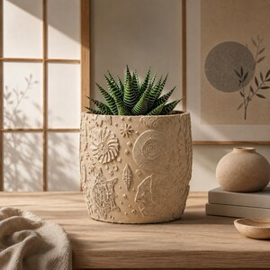 May include: A cylindrical beige planter with a textured surface featuring embossed fossil and seashell patterns. A green and white striped succulent plant sits inside the pot, which has a matte finish and a rounded base design.