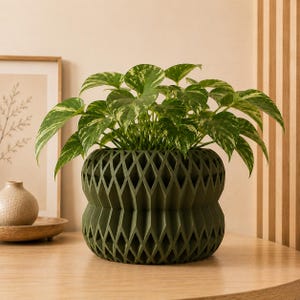 May include: A dark olive green planter with a repeating geometric diamond lattice pattern and a rounded, two-tiered silhouette. The planter contains a lush pothos plant with heart-shaped leaves featuring variegated patterns of light and dark green.