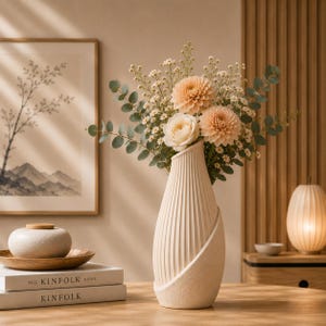 May include: A tall, off-white ceramic vase with a vertical ribbed texture and a smooth, curved overlapping section. The vase holds a bouquet of peach-colored dahlias, white ranunculus, small white filler flowers, and green eucalyptus stems.