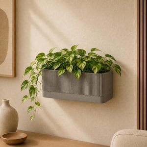 May include: A rectangular, wall-mounted planter with a ribbed, dark gray exterior texture. The planter holds a trailing pothos plant with variegated green and cream-colored heart-shaped leaves that spill over the left side of the container.
