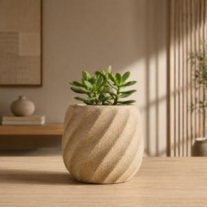 May include: A small green succulent plant potted in a beige, cylindrical planter with a textured, diagonal spiral pattern carved into the exterior surface. The planter has a matte finish and a rounded base, holding a healthy plant with thick leaves.