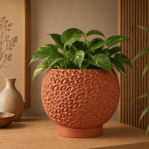 May include: A round terracotta planter with a textured surface featuring numerous small, raised circular indentations. The planter sits on a matching circular base and contains a lush green pothos plant with variegated yellow and green leaves.