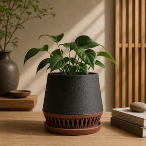 May include: A dark charcoal gray ceramic plant pot with a textured, rough surface. The base features a terracotta-colored section with a decorative lattice cutout pattern and a matching circular saucer holding a green leafy plant with heart-shaped leaves.