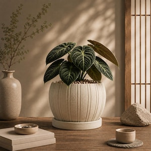 May include: A decorative indoor plant with large, dark green leaves in a textured, cream-colored pot. The pot sits on a matching saucer. The scene includes a vase with a branch, a small bowl, and a teacup on a wooden surface.