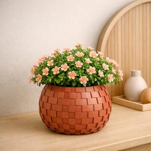 May include: A round, terracotta-colored planter with a textured, woven-look grid pattern on the exterior. The planter is filled with a dense cluster of small, light pink flowers with yellow centers and vibrant green leaves.