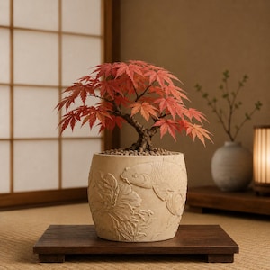 May include: A miniature maple tree with vibrant red leaves planted in a cylindrical beige ceramic pot. The exterior of the pot features a detailed relief carving of a koi fish swimming among aquatic plants, with small pebbles covering the soil.