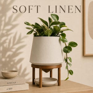 Japandi Indoor Planter with Wood-Look Stand - 3D Printed Pot with Drainage Tray, Minimalist Desk Decor