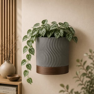 May include: A wall-mounted cylindrical planter featuring a textured gray body with vertical wavy ridges and a smooth dark brown wooden base. A trailing plant with heart-shaped green leaves with silver variegation grows from the planter.