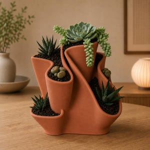 May include: A multi-tiered terracotta planter with a wavy, organic shape containing various succulents. The planter features several distinct planting pockets filled with dark soil, housing green rosette-shaped succulents and spiky plants.