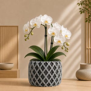 May include: A potted white orchid plant with multiple blooming flowers and green buds, supported by thin black stakes. The plant is housed in a cylindrical gray planter featuring a distinct diamond-shaped lattice pattern across its exterior surface.