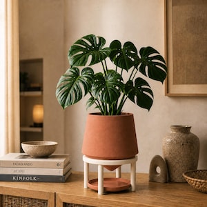 May include: A vibrant green Monstera plant with large, split leaves potted in a matte terracotta-colored planter. The planter rests on a white four-legged wooden stand that includes a matching terracotta-colored circular drip tray underneath.