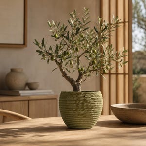 May include: A small olive tree with green leaves and several small green olives planted in a round, sage green pot featuring a textured, ribbed surface. The plant has a woody, branching trunk and is positioned upright on a wooden surface.