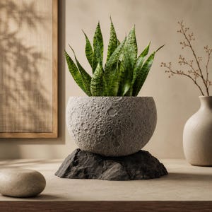 May include: A spherical planter with a textured gray surface resembling the moon's cratered landscape, resting on a dark, jagged rock-like base. The planter contains a green snake plant with pointed, variegated leaves reaching upward.