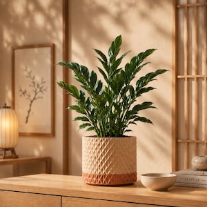 May include: A lush green ZZ plant with glossy, pointed leaves potted in a cylindrical ceramic planter. The planter features a textured diamond pattern, with a light beige upper section and a solid terracotta-colored base.