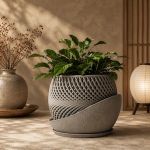 May include: A gray, spherical planter with a textured, lattice-like woven pattern on the upper half and a solid, smooth base. The planter holds a lush green plant with pointed leaves and sits on a matching circular tray.