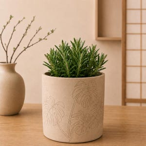 May include: A cylindrical beige planter featuring an embossed monstera leaf pattern, containing a dense green rosemary plant. The planter has a smooth matte finish and sits alongside a separate beige vase with thin, bare, budding branches.