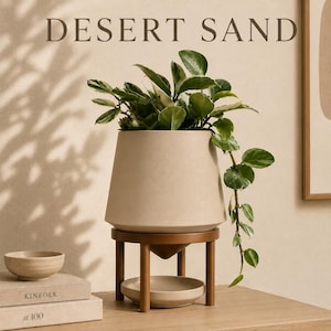 Japandi Indoor Planter with Wood-Look Stand - 3D Printed Pot with Drainage Tray, Minimalist Desk Decor