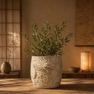 May include: A cylindrical stone planter with a textured, off-white finish featuring a detailed relief carving of a dragon winding around the exterior. A small, leafy green plant with thin, pointed foliage grows out of the top of the vessel.