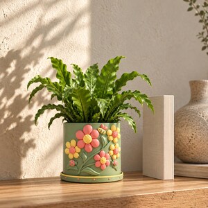 May include: A cylindrical sage green plant pot featuring raised, three-dimensional floral decorations in shades of pink and yellow, accented with small ladybug and bee figures, containing a vibrant green fern with wavy, elongated leaves.