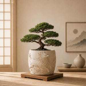 May include: A small green bonsai tree planted in a cylindrical off-white ceramic pot. The pot features a detailed relief carving of a running fox surrounded by swirling cloud patterns. The pot rests on a rectangular dark brown wooden base.