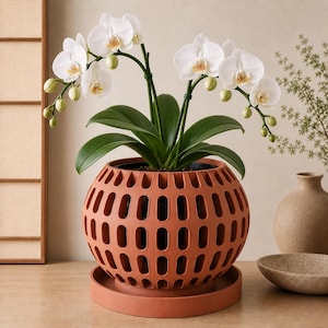 May include: A white orchid plant with multiple blooming flowers and green buds potted in a round, terracotta-colored planter. The planter features a repeating vertical oval cutout pattern and sits on a matching circular saucer base.