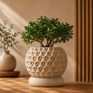 May include: A small green bonsai tree planted in a round, beige ceramic pot with a geometric, three-dimensional triangular pattern. The pot sits on a matching circular base, showcasing a textured surface and a neutral, earthy color palette.