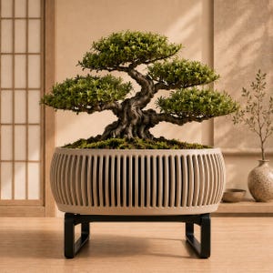 May include: A meticulously crafted bonsai tree with lush green foliage and a gnarled trunk, planted in a beige, vertically-slatted pot. The pot sits on a black metal stand, creating a serene and natural aesthetic. The bonsai is a symbol of tranquility.